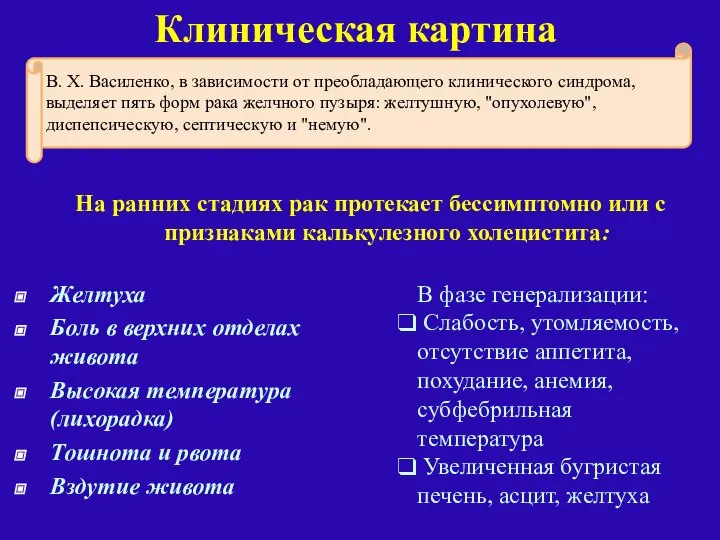 Клиническая картина Желтуха Боль в верхних отделах живота Высокая температура (лихорадка)