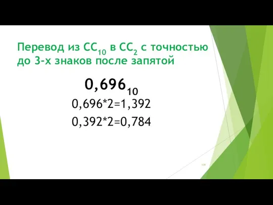 Перевод из СС10 в СС2 с точностью до 3-х знаков после запятой 0,69610 0,696*2=1,392 0,392*2=0,784