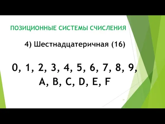 ПОЗИЦИОННЫЕ СИСТЕМЫ СЧИСЛЕНИЯ 4) Шестнадцатеричная (16) 0, 1, 2, 3, 4,