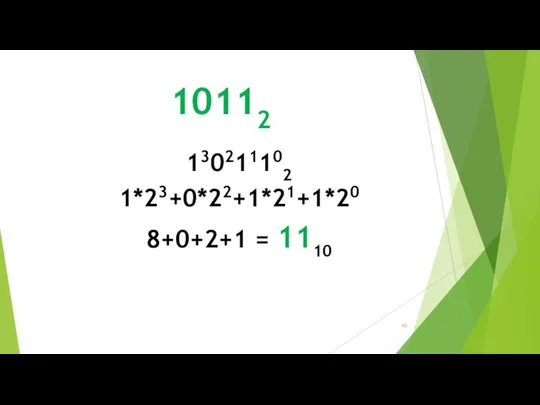 10112 130211102 1*23+0*22+1*21+1*20 8+0+2+1 = 1110