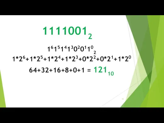 11110012 161514130201102 1*26+1*25+1*24+1*23+0*22+0*21+1*20 64+32+16+8+0+1 = 12110