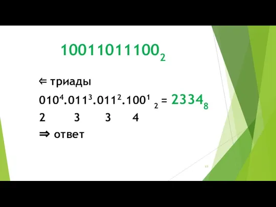 100110111002 ⇐ триады 0104.0113.0112.1001 2 = 23348 2 3 3 4 ⇒ ответ