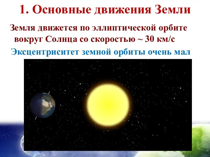 1. Основные движения Земли Земля движется по эллиптической орбите вокруг Солнца