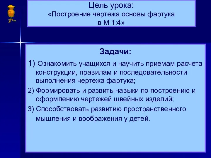 Цель урока: «Построение чертежа основы фартука в М 1:4» Задачи: 1)