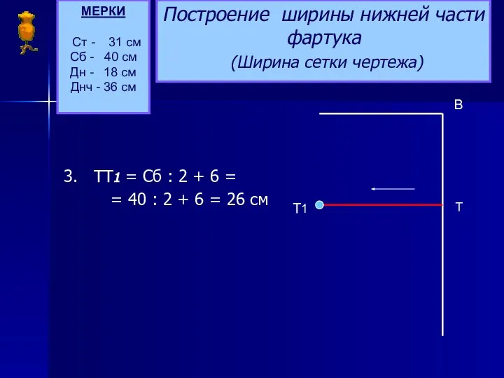 Построение ширины нижней части фартука (Ширина сетки чертежа) 3. ТТ1 =