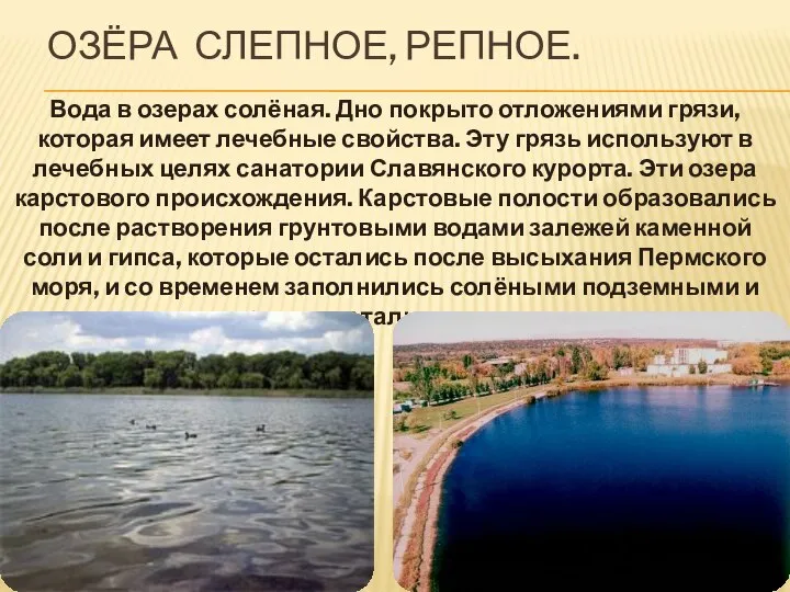 ОЗЁРА СЛЕПНОЕ, РЕПНОЕ. Вода в озерах солёная. Дно покрыто отложениями грязи,