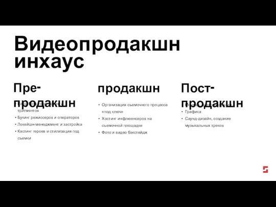 Пост-продакшн Монтаж, цветокоррекция Графика Саунд-дизайн, создание музыкальных треков Организация съемочного процесса