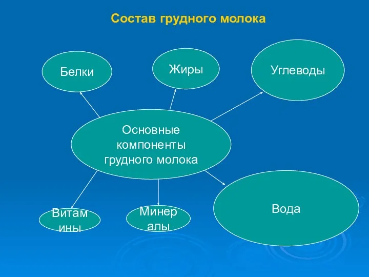 Состав грудного молока Основные компоненты грудного молока Белки Жиры Углеводы Вода Витамины Минералы