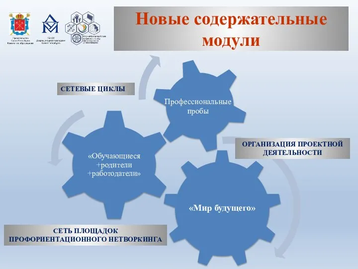 Новые содержательные модули ОРГАНИЗАЦИЯ ПРОЕКТНОЙ ДЕЯТЕЛЬНОСТИ СЕТЬ ПЛОЩАДОК ПРОФОРИЕНТАЦИОННОГО НЕТВОРКИНГА Профессиональные пробы СЕТЕВЫЕ ЦИКЛЫ