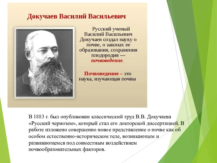 В 1883 г. был опубликован классический труд В.В. Докучаева «Русский чернозем»,