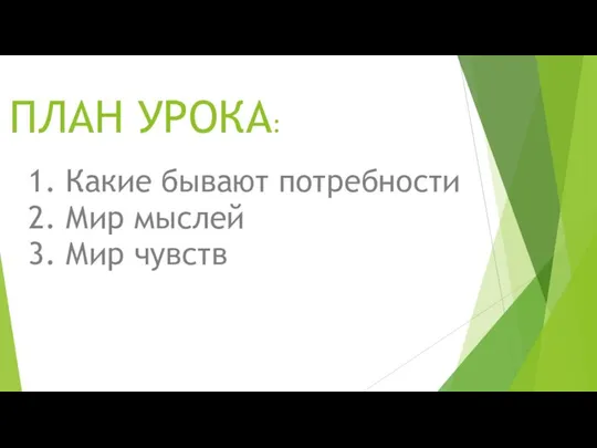 ПЛАН УРОКА: 1. Какие бывают потребности 2. Мир мыслей 3. Мир чувств