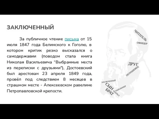 ЗАКЛЮЧЕННЫЙ За публичное чтение письма от 15 июля 1847 года Белинского