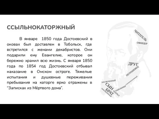 ССЫЛЬНОКАТОРЖНЫЙ В январе 1850 года Достоевский в оковах был доставлен в