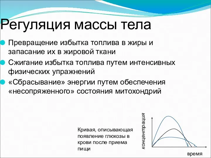 Регуляция массы тела Превращение избытка топлива в жиры и запасание их