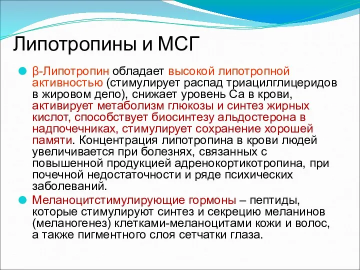 Липотропины и МСГ β-Липотропин обладает высокой липотропной активностью (стимулирует распад триацилглицеридов