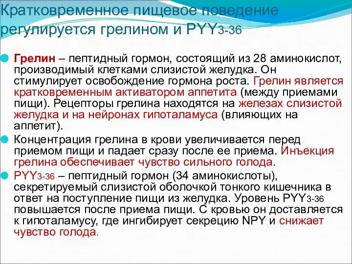 Кратковременное пищевое поведение регулируется грелином и PYY3-36 Грелин – пептидный гормон,