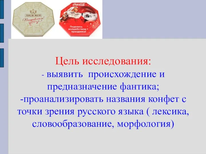 Цель исследования: - выявить происхождение и предназначение фантика; -проанализировать названия конфет