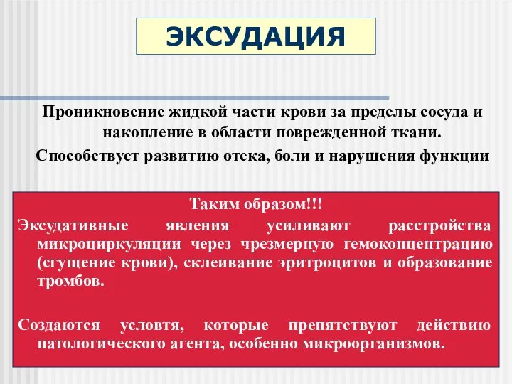 ЭКСУДАЦИЯ Проникновение жидкой части крови за пределы сосуда и накопление в