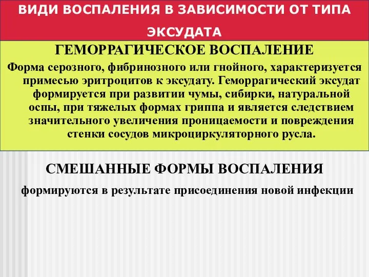 ВИДИ ВОСПАЛЕНИЯ В ЗАВИСИМОСТИ ОТ ТИПА ЭКСУДАТА ГЕМОРРАГИЧЕСКОЕ ВОСПАЛЕНИЕ Форма серозного,