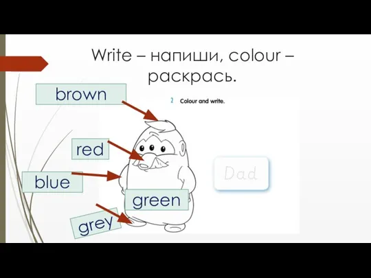 Write – напиши, colour – раскрась. brown grey green red blue