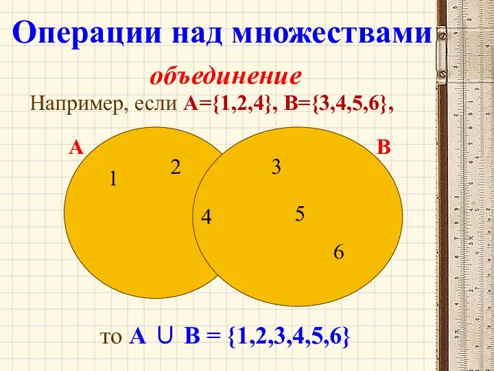 объединение Например, если А={1,2,4}, B={3,4,5,6}, то А ∪ B = {1,2,3,4,5,6}