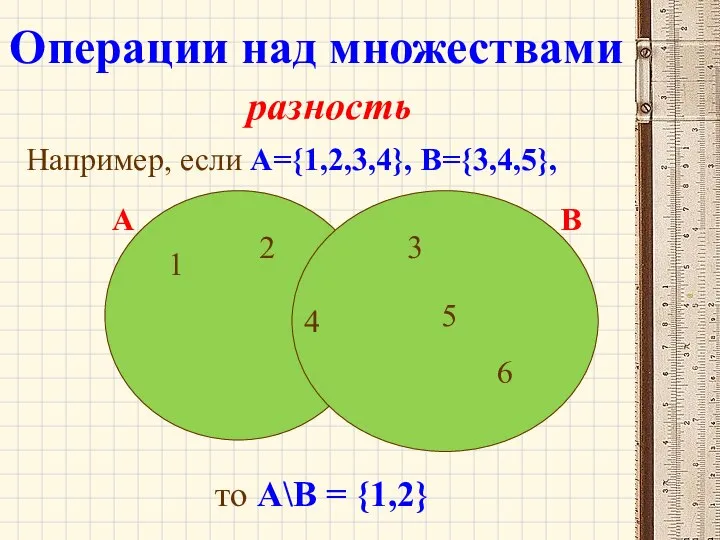 разность Например, если А={1,2,3,4}, B={3,4,5}, то А\В = {1,2} 1 2