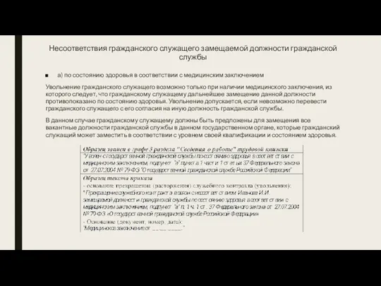 Несоответствия гражданского служащего замещаемой должности гражданской службы а) по состоянию здоровья