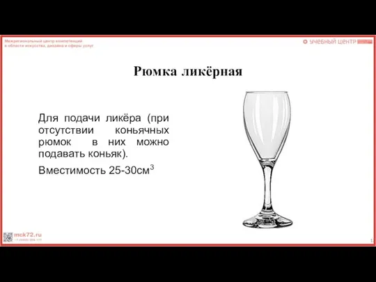 Рюмка ликёрная Для подачи ликёра (при отсутствии коньячных рюмок в них можно подавать коньяк). Вместимость 25-30см3