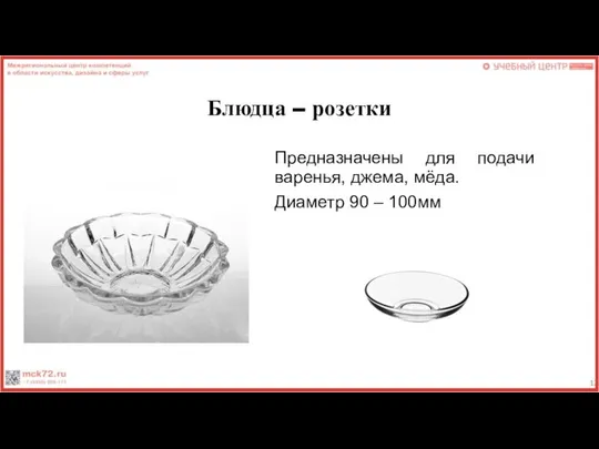 Блюдца – розетки Предназначены для подачи варенья, джема, мёда. Диаметр 90 – 100мм