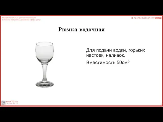 Рюмка водочная Для подачи водки, горьких настоек, наливок. Вместимость 50см3