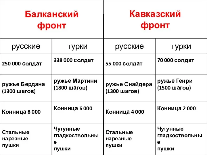 Балканский фронт Кавказский фронт 338 000 солдат ружье Мартини (1800 шагов)