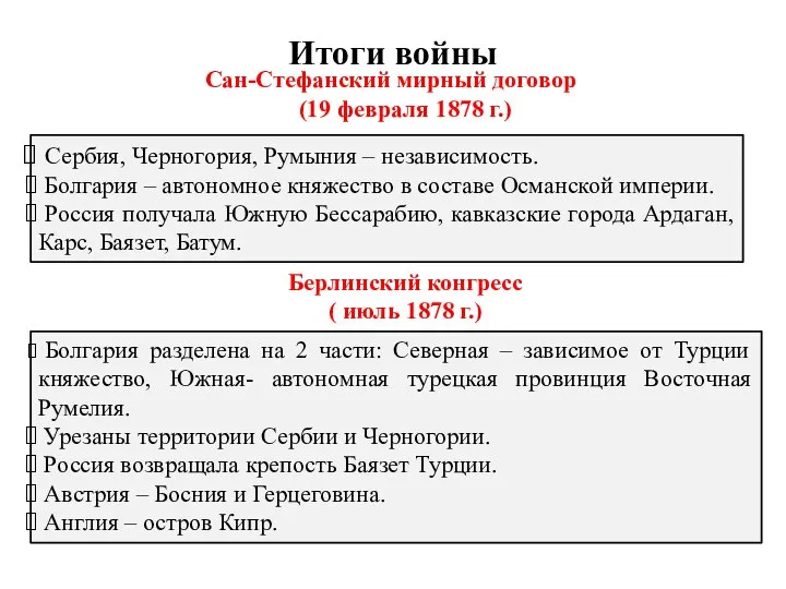 Итоги войны Сан-Стефанский мирный договор (19 февраля 1878 г.) Сербия, Черногория,