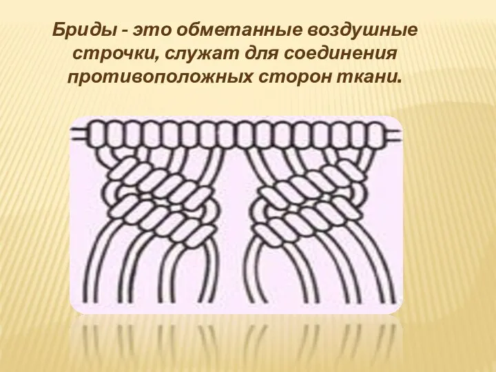 Бриды - это обметанные воздушные строчки, служат для соединения противоположных сторон ткани.