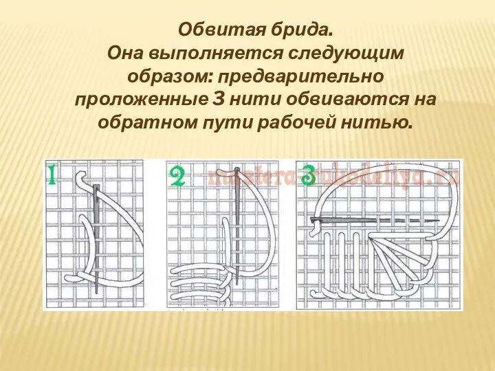 Обвитая брида. Она выполняется следующим образом: предварительно проложенные 3 нити обвиваются на обратном пути рабочей нитью.