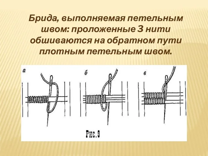 Брида, выполняемая петельным швом: проложенные 3 нити обшиваются на обратном пути плотным петельным швом.