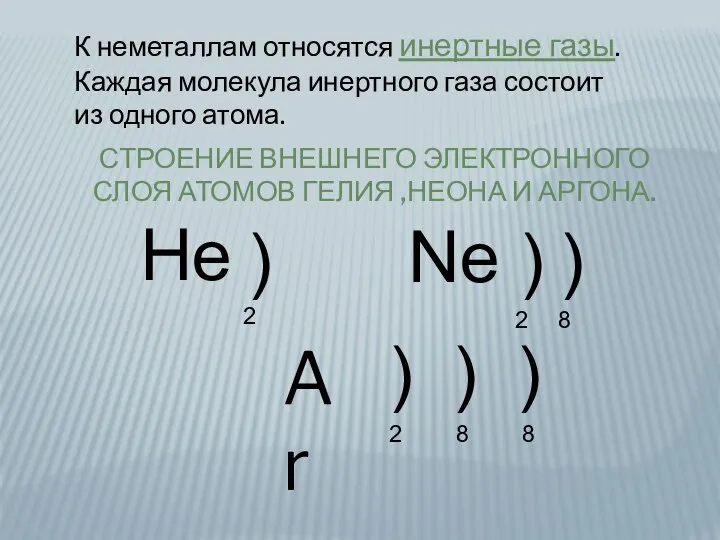 СТРОЕНИЕ ВНЕШНЕГО ЭЛЕКТРОННОГО СЛОЯ АТОМОВ ГЕЛИЯ ,НЕОНА И АРГОНА. He )