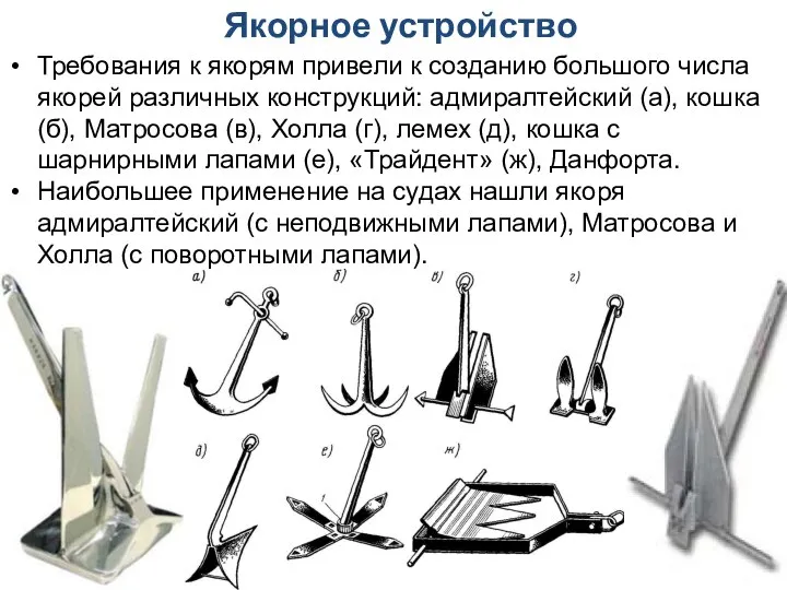 Якорное устройство Требования к якорям привели к созданию большого числа якорей