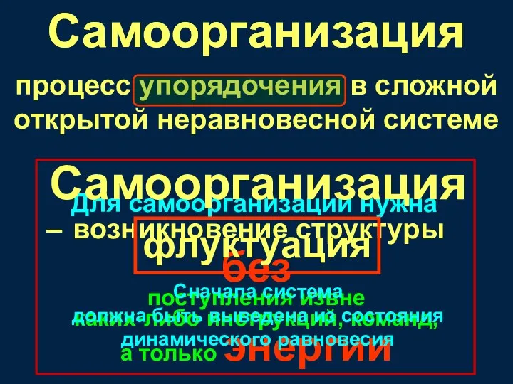 Самоорганизация процесс упорядочения в сложной открытой неравновесной системе Самоорганизация Сначала система