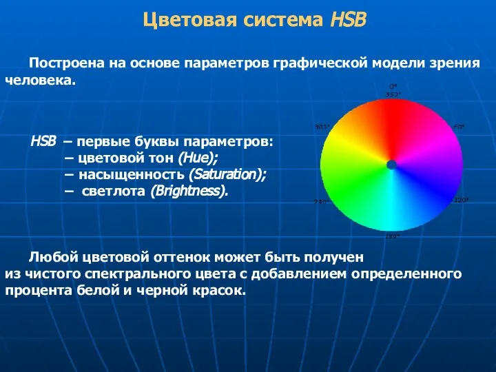 Цветовая система HSB Построена на основе параметров графической модели зрения человека.