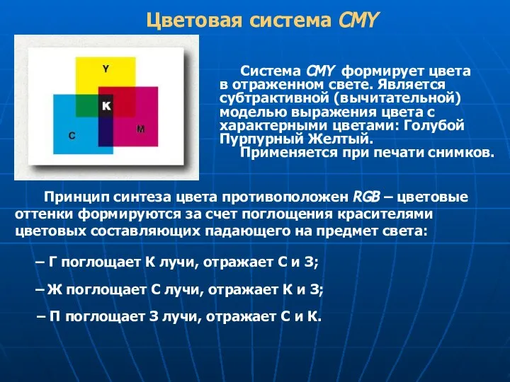 Цветовая система CMY Принцип синтеза цвета противоположен RGB – цветовые оттенки