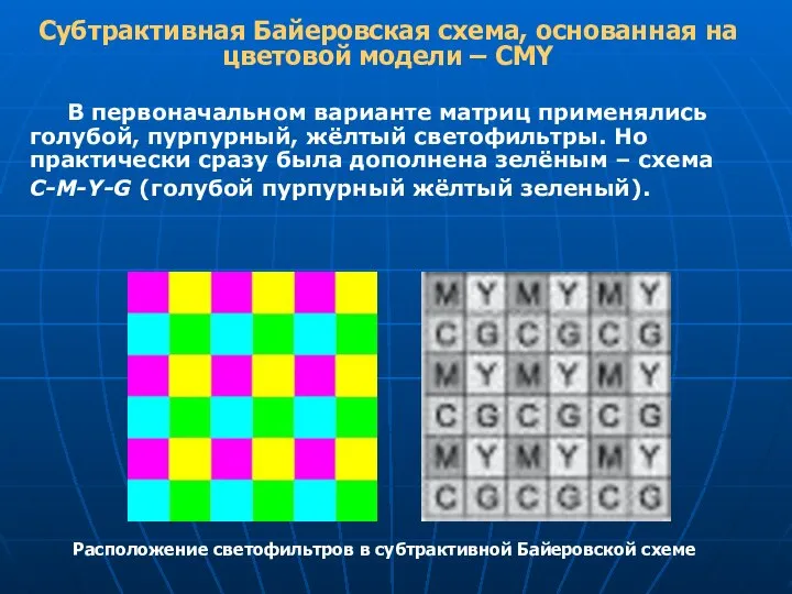 В первоначальном варианте матриц применялись голубой, пурпурный, жёлтый светофильтры. Но практически