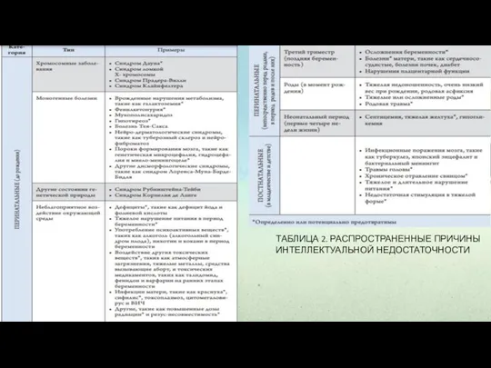 ТАБЛИЦА 2. РАСПРОСТРАНЕННЫЕ ПРИЧИНЫ ИНТЕЛЛЕКТУАЛЬНОЙ НЕДОСТАТОЧНОСТИ