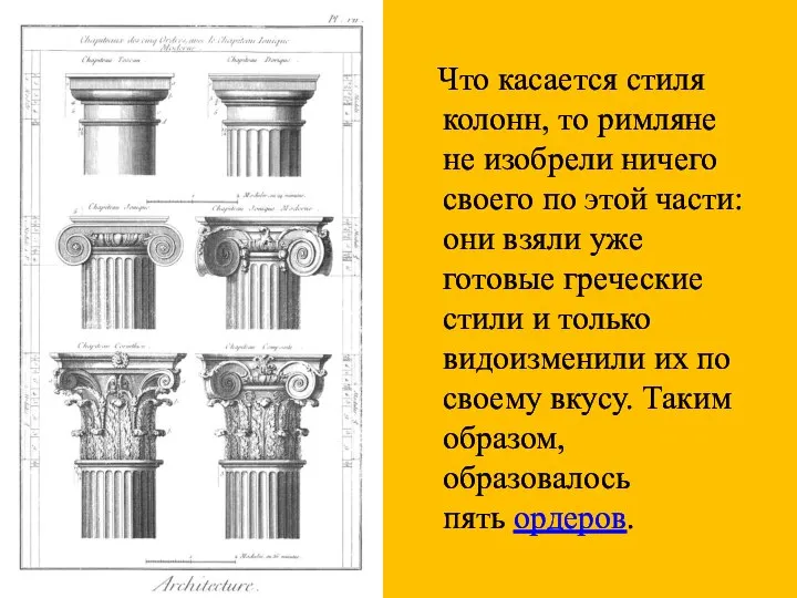 Что касается стиля колонн, то римляне не изобрели ничего своего по