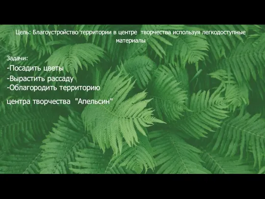 Цель: Благоустройство территории в центре творчества используя легкодоступные материалы Задачи: -Посадить