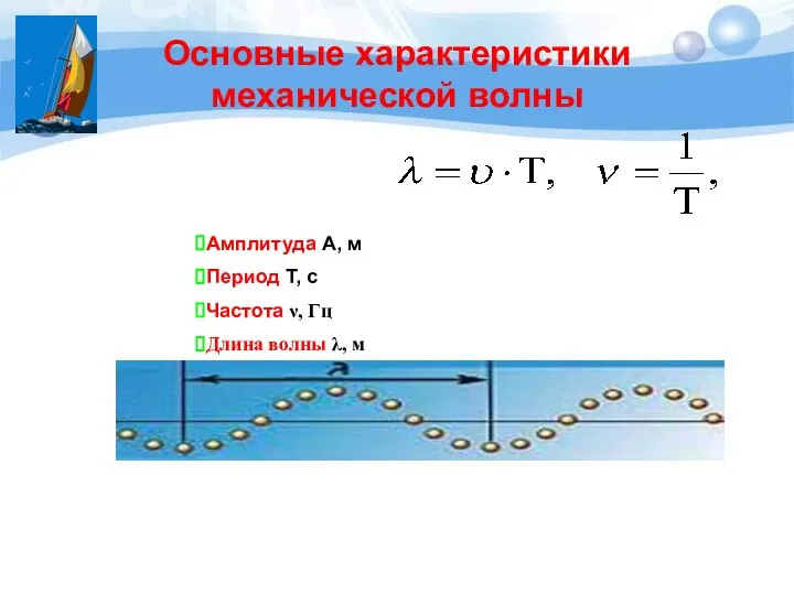 Основные характеристики механической волны Амплитуда А, м Период Т, с Частота