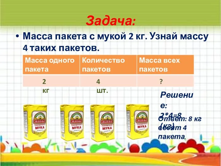 Задача: Масса пакета с мукой 2 кг. Узнай массу 4 таких