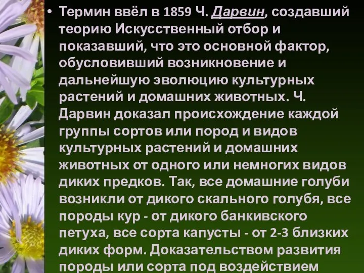 Термин ввёл в 1859 Ч. Дарвин, создавший теорию Искусственный отбор и