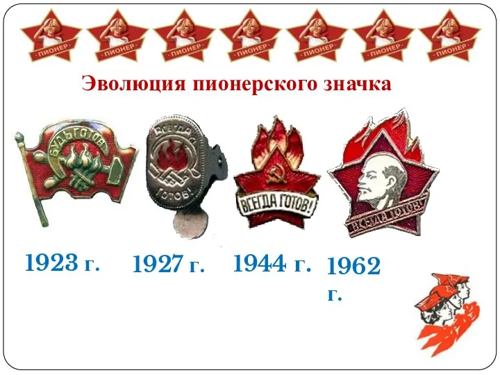 Эволюция пионерского значка 1923 г. 1927 г. 1944 г. 1962 г.