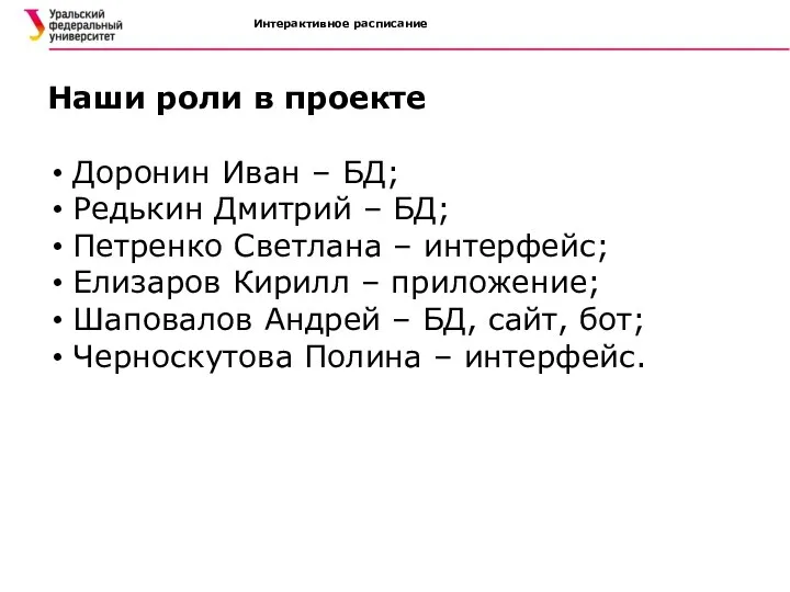 Наши роли в проекте Доронин Иван – БД; Редькин Дмитрий –