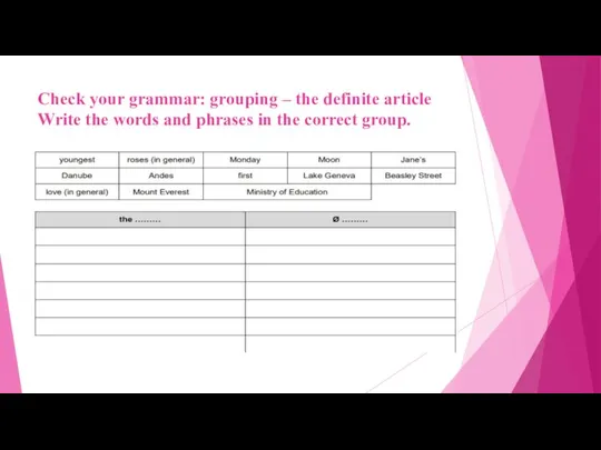 Check your grammar: grouping – the definite article Write the words